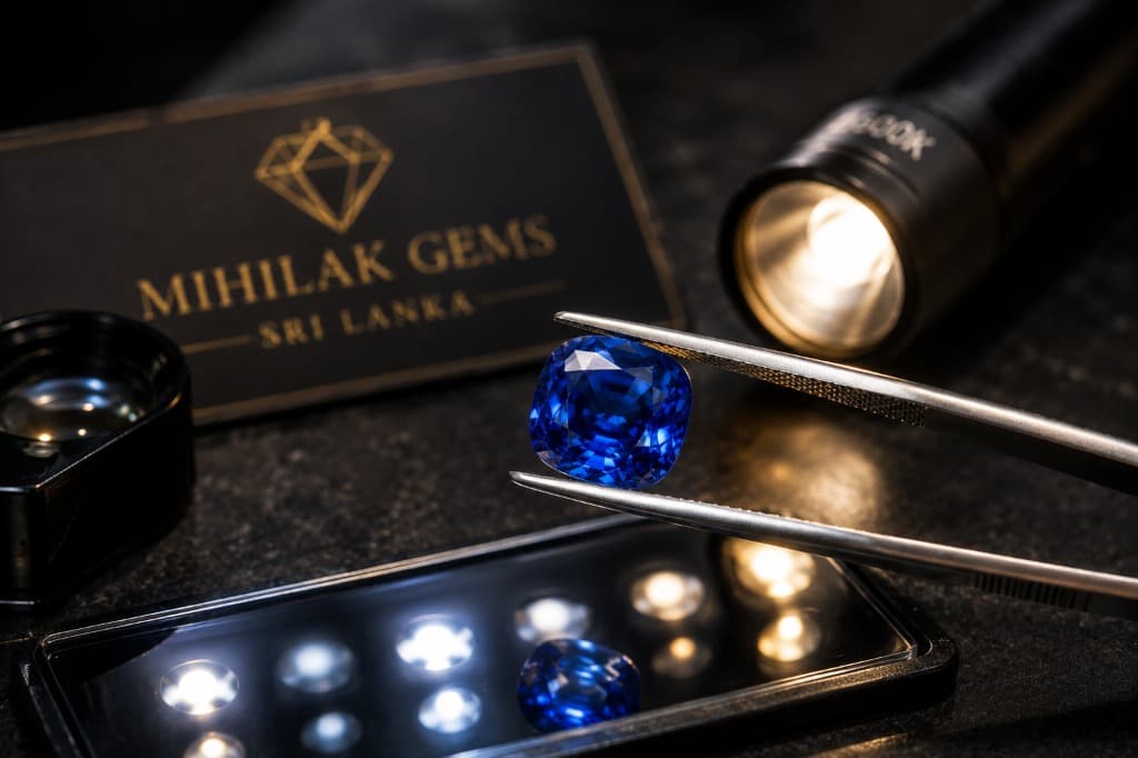 Blue sapphire being examined under controlled lighting with gemological tools