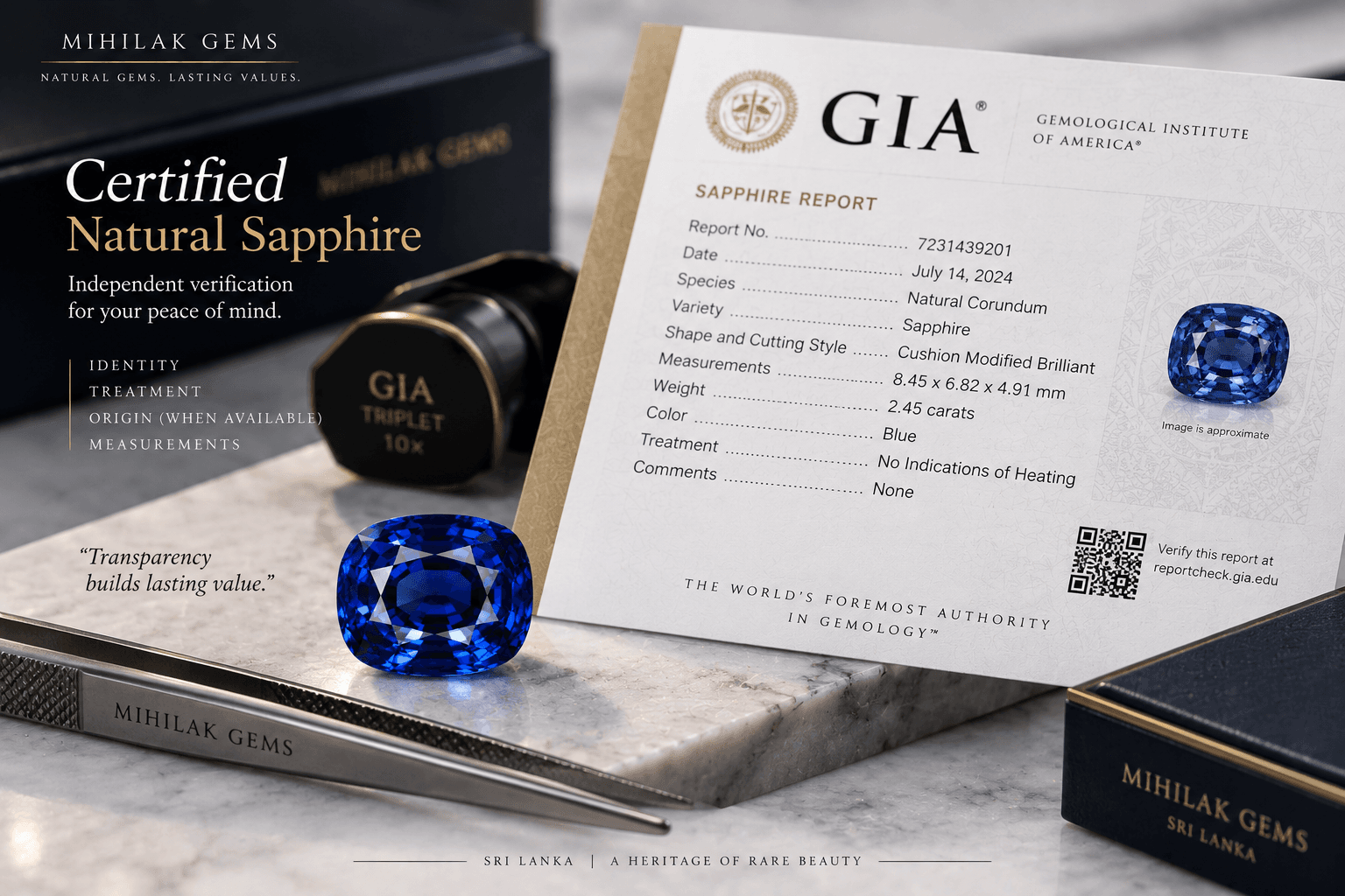 Illustration of a natural sapphire presented with independent laboratory documentation