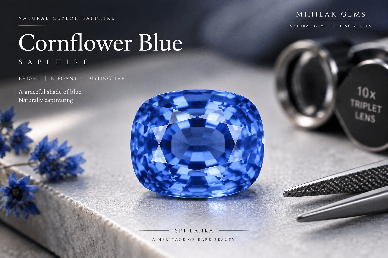 Cornflower Blue Ceylon sapphire showing bright blue color