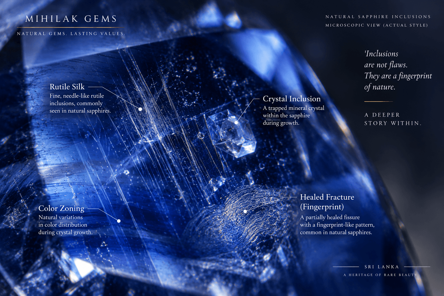 Natural sapphire inclusions including rutile silk crystal inclusions color zoning and healed fractures