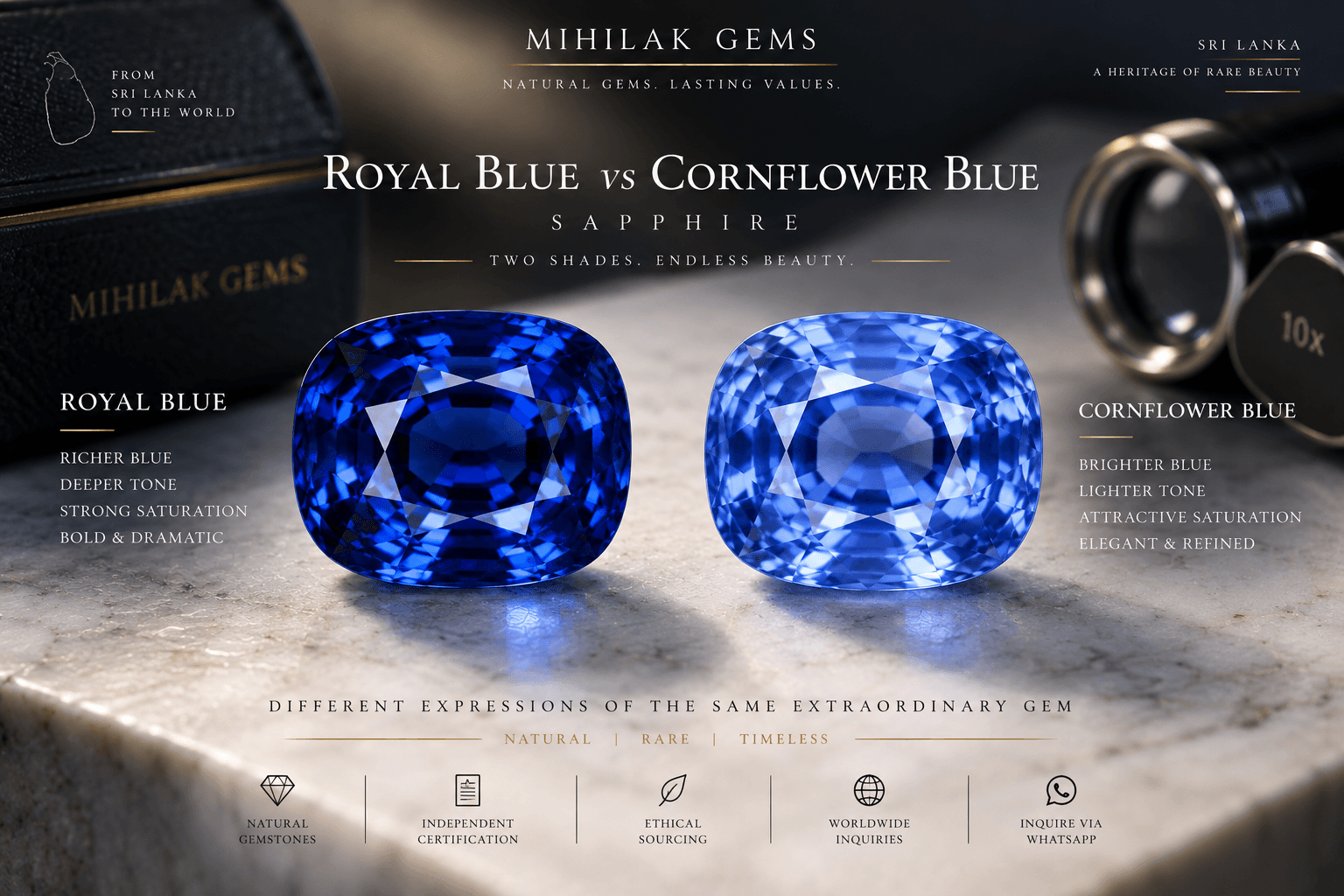 Royal Blue vs Cornflower Blue Ceylon sapphire comparison