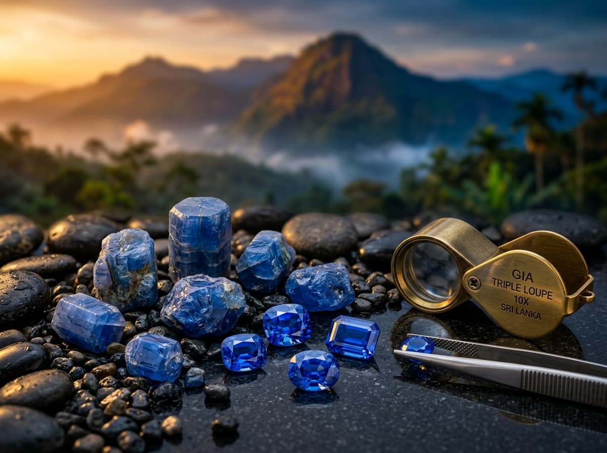 Ceylon Natural Gemstone Heritage - Raw Corundum Crystals and Faceted Royal Blue Sapphires