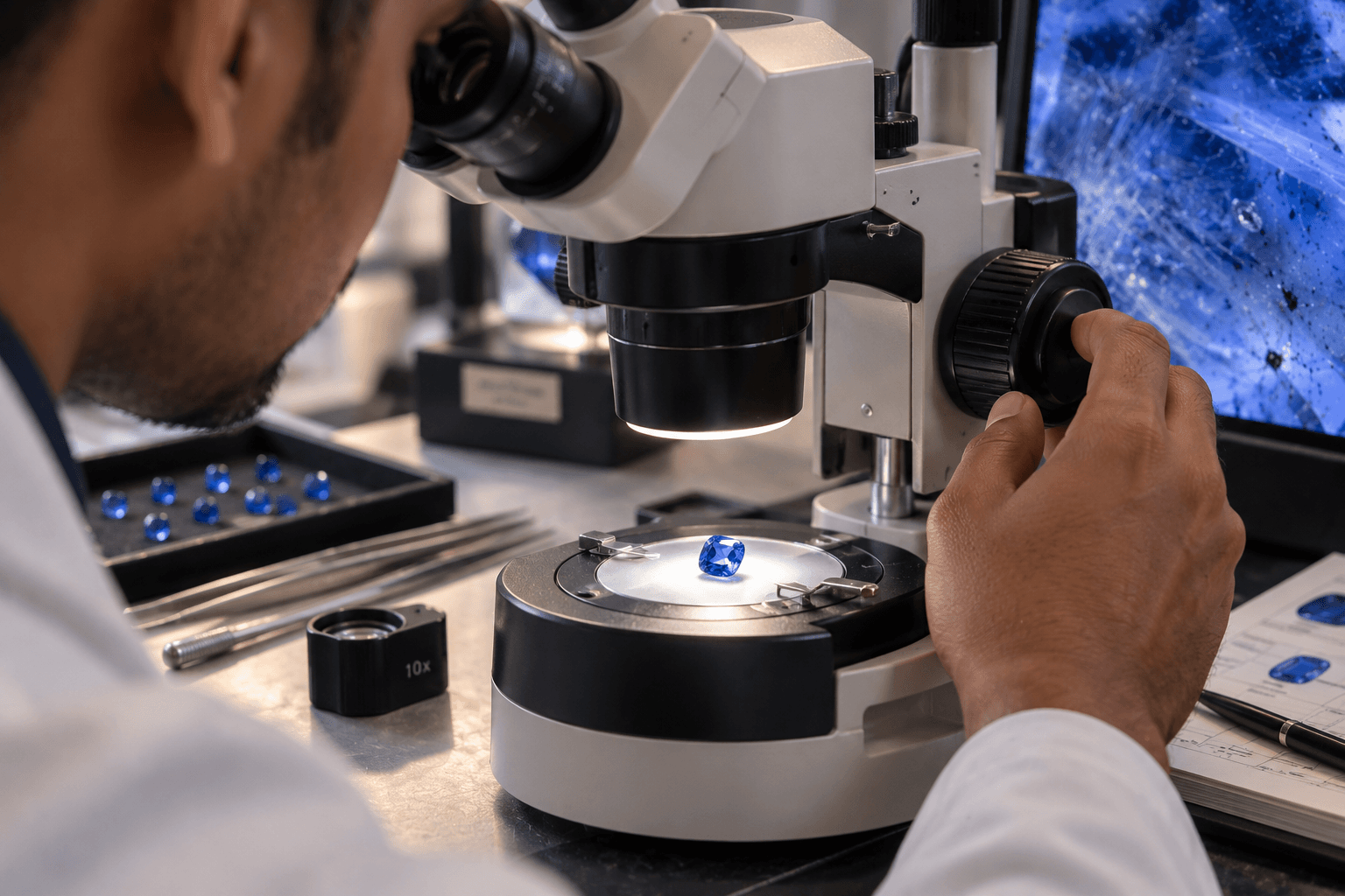 Gemologist examining a blue sapphire under a gemological microscope