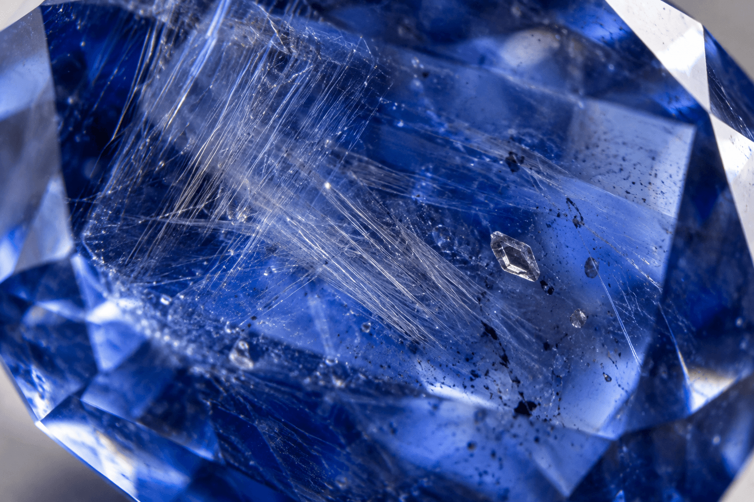 Educational macro visualization of internal features in blue sapphire