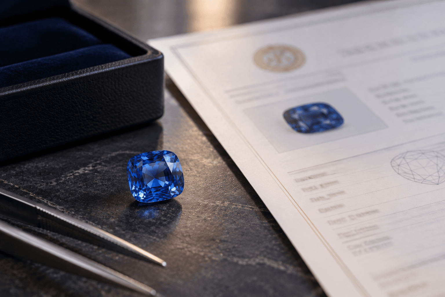 Natural blue sapphire presented beside independent laboratory documentation