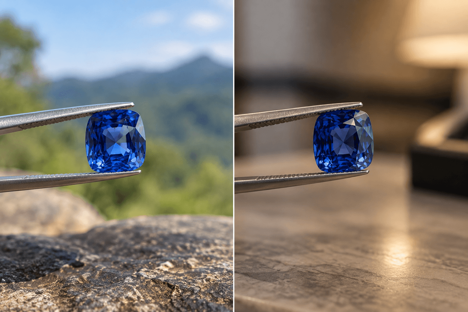 Blue sapphire appearance compared under daylight and indoor lighting