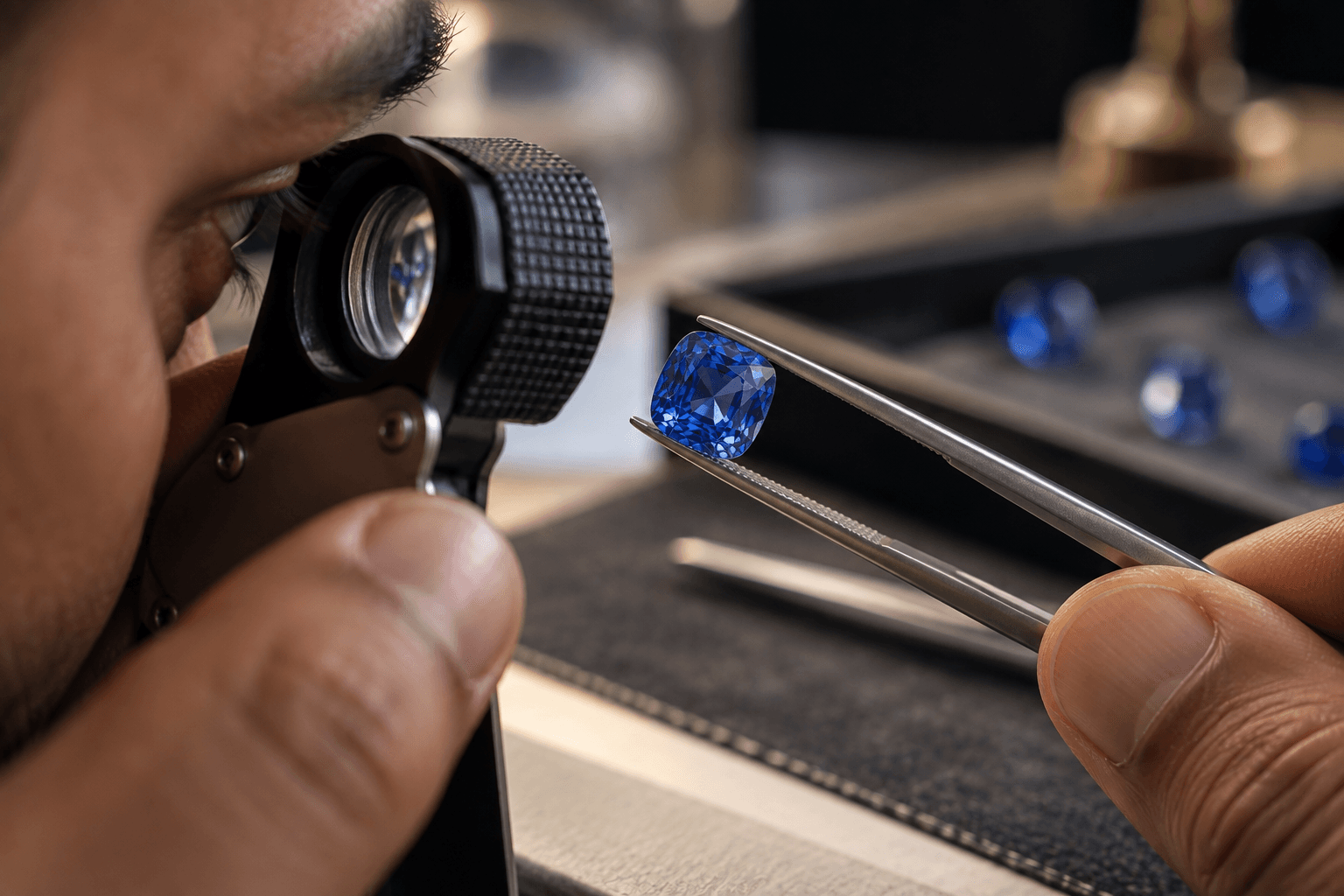Blue sapphire being examined through a jeweler's loupe