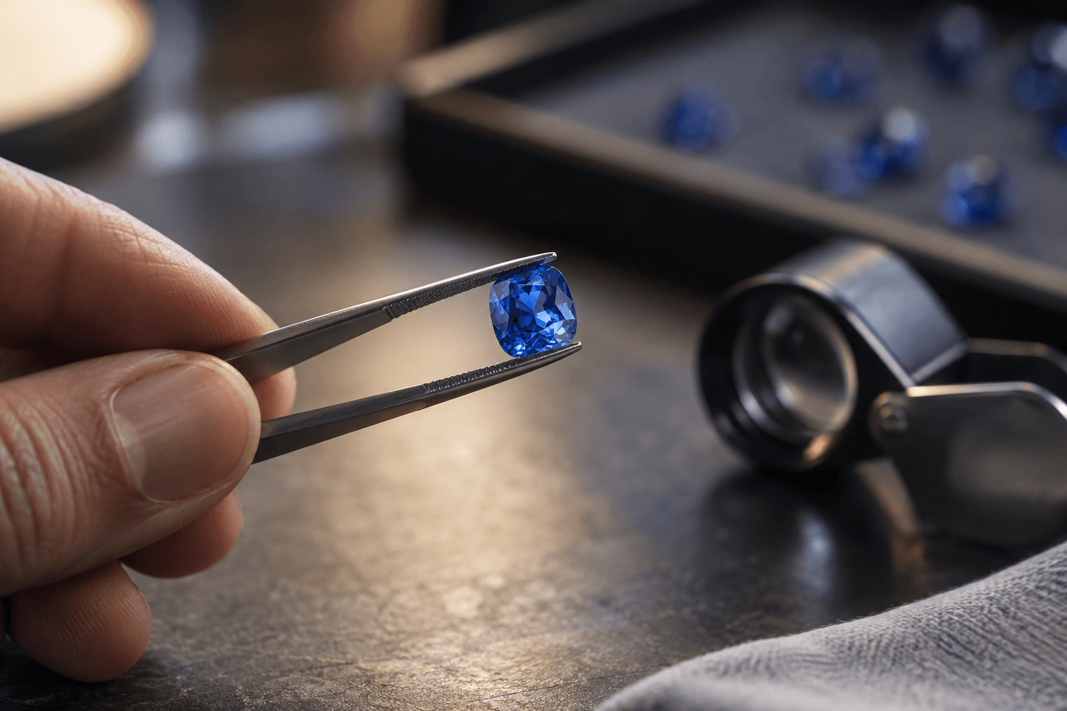 Natural blue sapphire being examined with gemstone tweezers